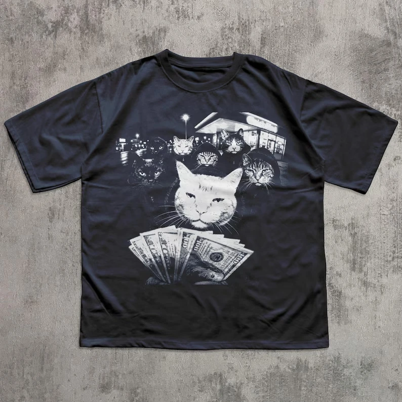 Funny Gang of Cats Money Spread Graphic Vintage Loose Oversized Unisex Print T-shirts for Men Women Fashion Hip Hop Cotton soft
