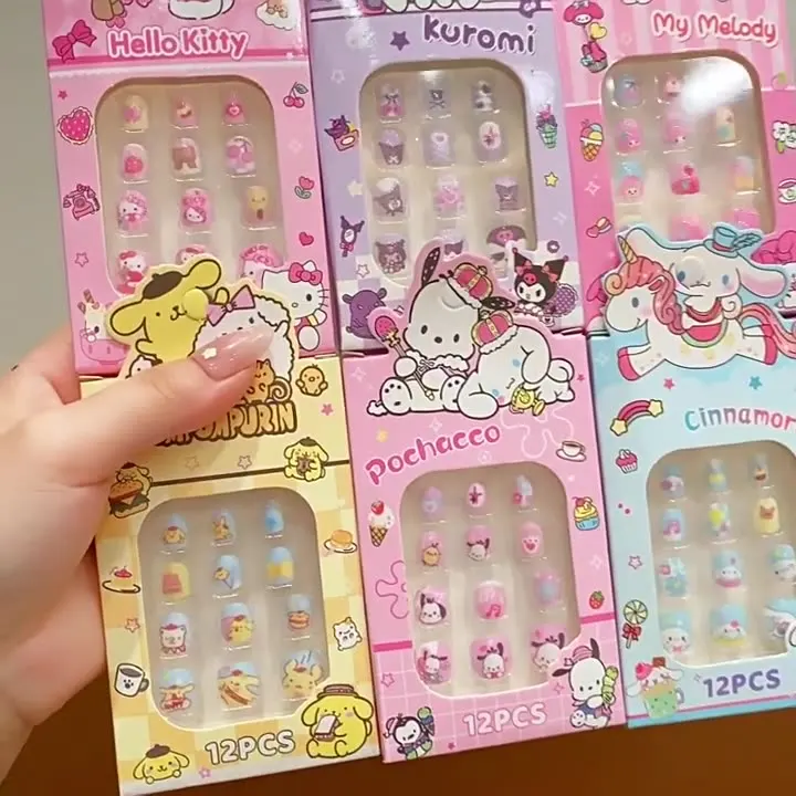 12Pcs/Box Kawaii Kuromi Hello Kitty Fake Nails Child Wearable Removable Fake Nails Kuromi Nail Patch Lovely Nails For Kids