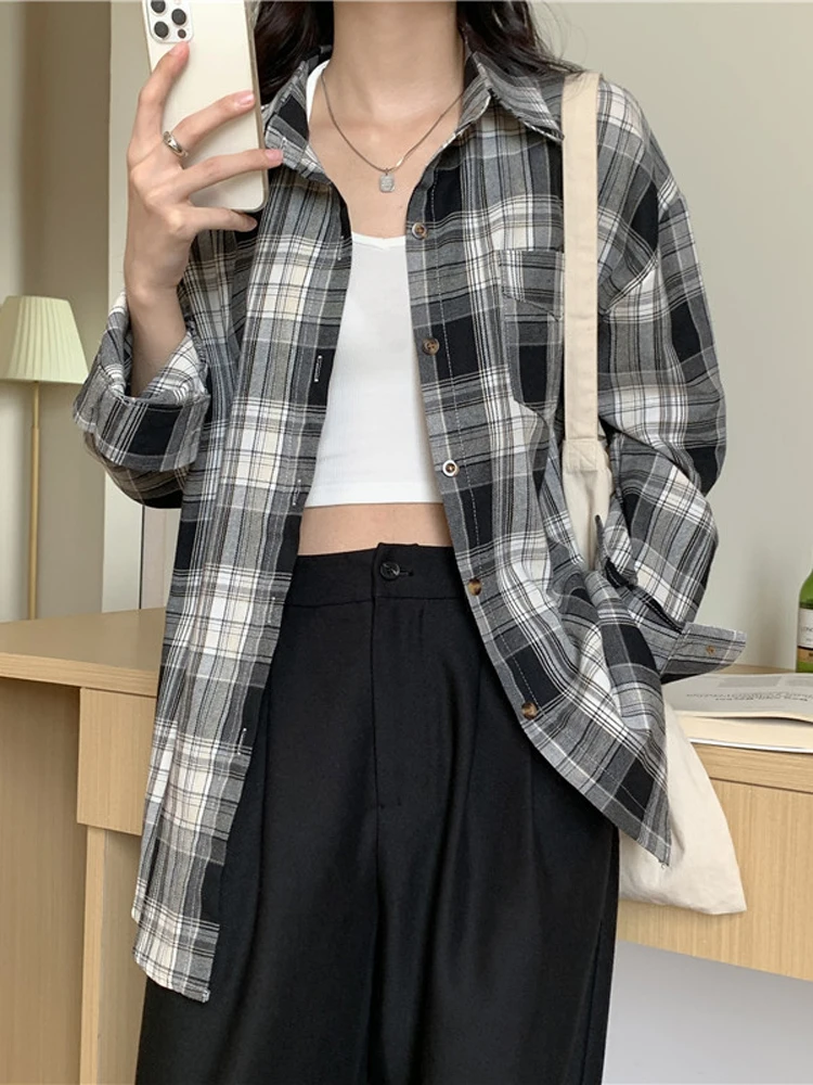 Zoki Korean Oversize Loose Women Plaid Shirt Harajuku Long Sleeve Bf Casual Blouse Spring Female Fashion Turn Down Collar Tops