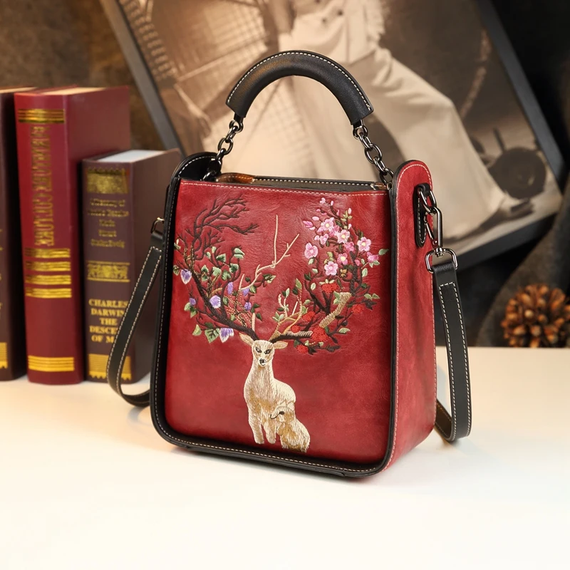 Chinese Style Genuine Leather Women Bag New Elegant Lady Mom Portable Shoulder Messenger Bag Handmade Women's Embroidered Bags