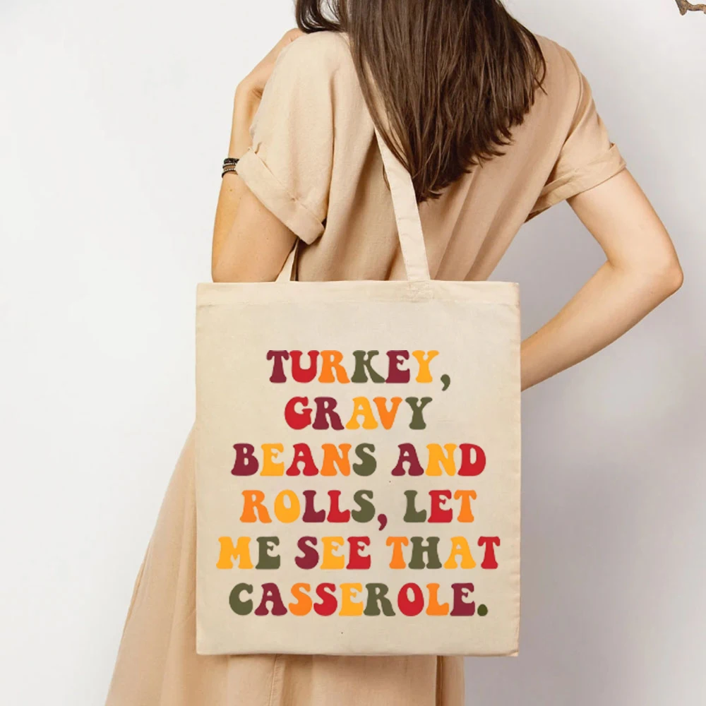 

Turkey Gravy Beans and Rolls Let Me See That Casserole Tote Bags Thanksgiving Turkey Gravy Women's Handbags Fall Women's Handbag