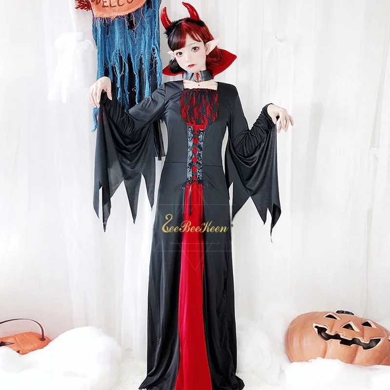 

Halloween costumes for women Gothic Black Witch Long Dress Halloween Party Peformance Clothes Adult Black Bat Cosplay Costume