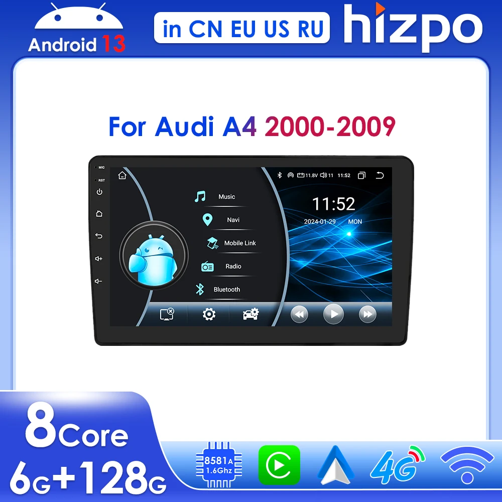 

Hizpo 9" Android 13 Wireless Carplay for AUDI A4 2000 - 2009 Car Multimedia Player Navi GPS Head Unit RDS DSP Stereo 2 Din Radio