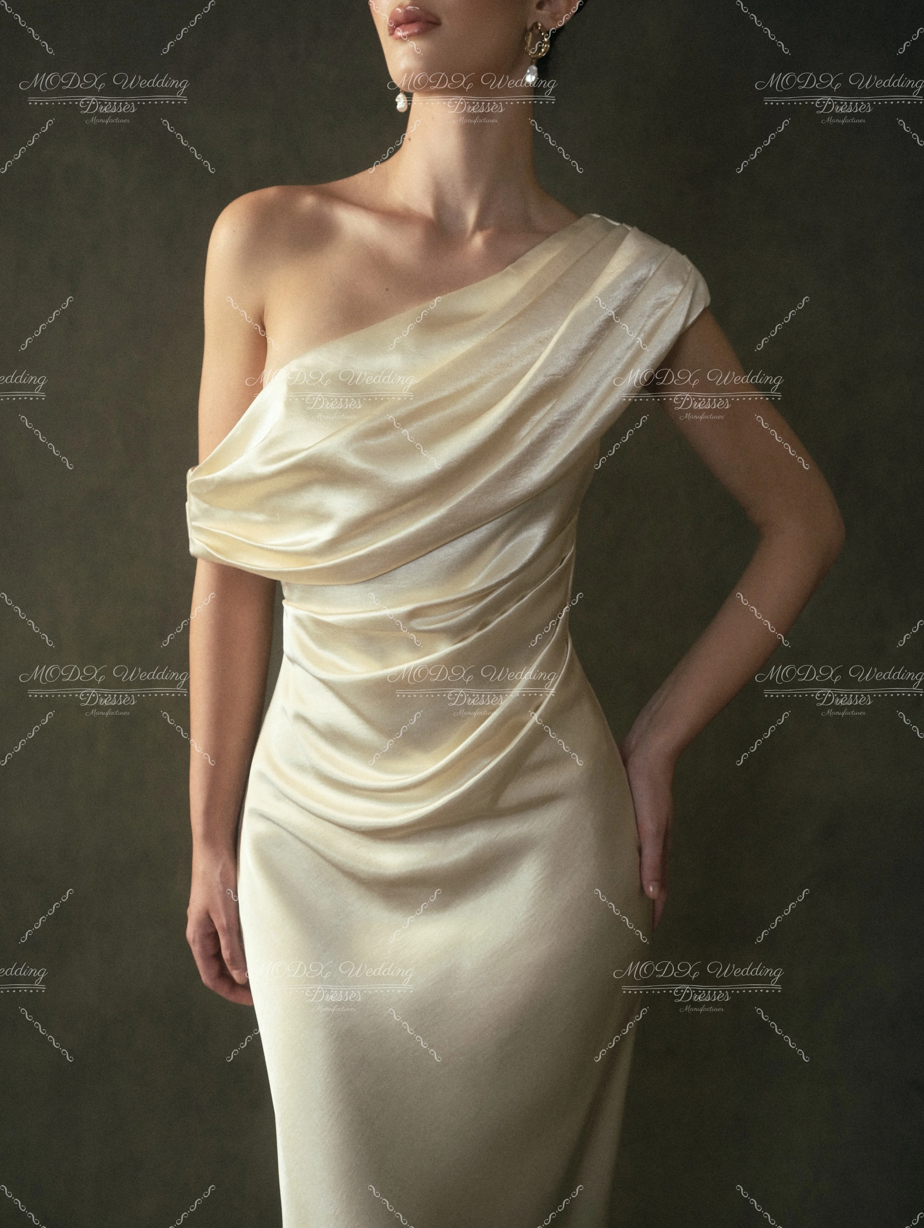 MODX Elegant Ivory Wedding Dress One-Shoulder Ruched Bodice Satin Sheath Silhouette Floor Length Formal Party Evening Gown