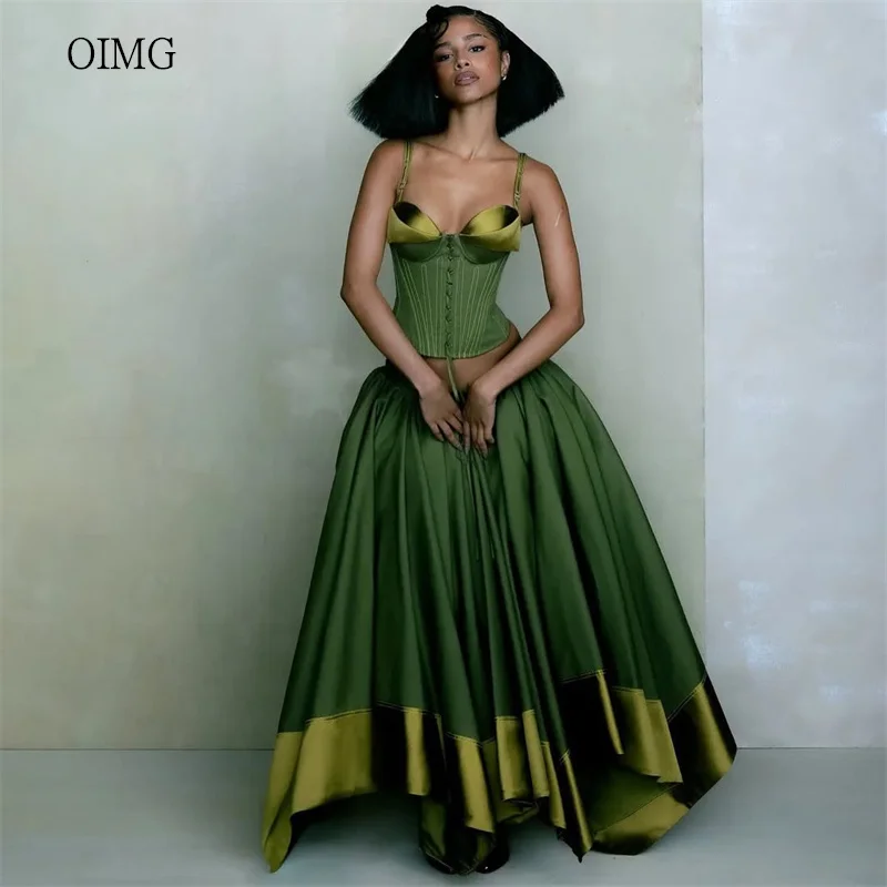 OIMG Modern Green Sweetheart Neck A Line Prom Gowns Satin Spaghetti Strap Party Gown Floor Length Evening Dress Customized