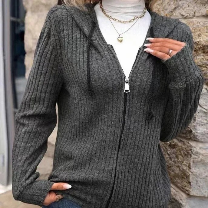 

2025 New Fall Casual Striped Hooded Jacket Loose Knit Zip Cardigan