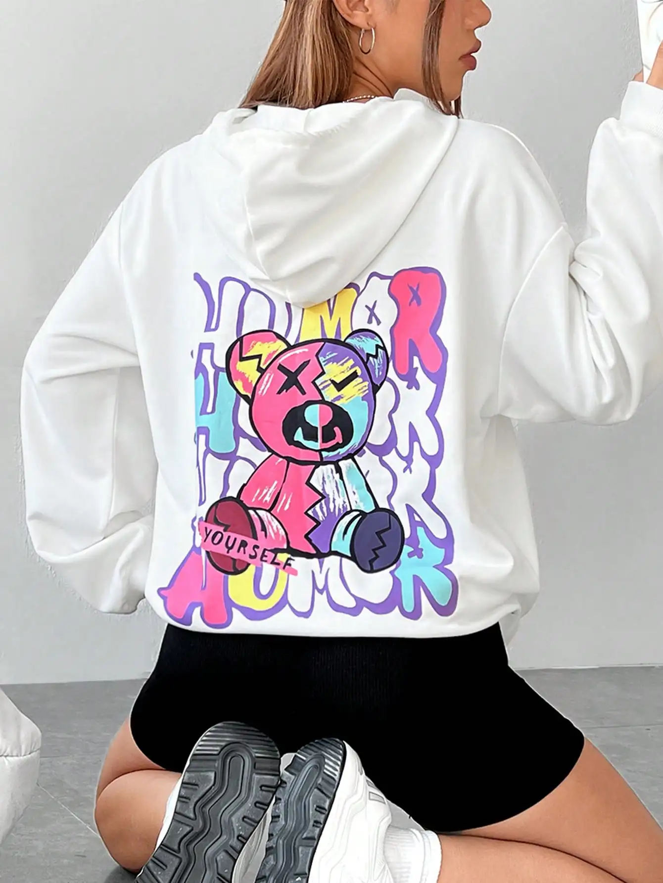 

Winter Women White Hoodie Colorful Cartoon Bear Letter Printing Pullover Loose Stretch Warm Tops Fashion Pocket Female Clothes