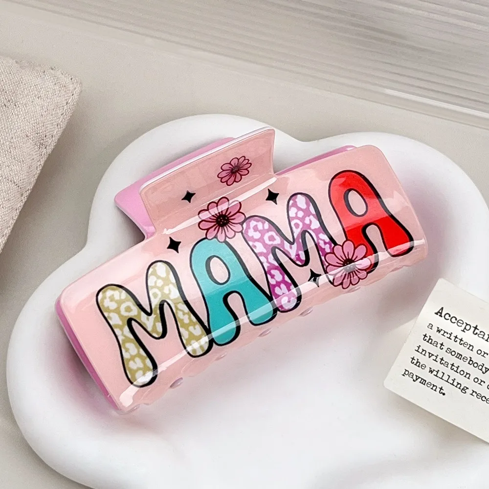 

Cute Square MaMa Hair Claw Flora Print Retro Acetic Acid Shark Clip Colorful Ponytail Clip Geometry Hair Claw Party