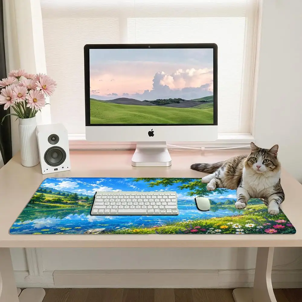 Bright Anime Natural View Crystal Lake Reflection Wildflower Field Huge Tree Snowy Mountains Desk Mat tapis de souris