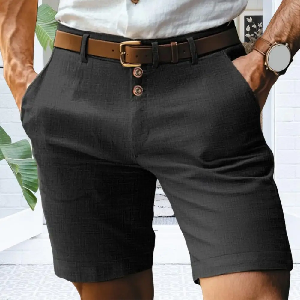 Lightweight Men Shorts Stylish Men's Mid-rise Solid Color Shorts with Pockets for Summer Wear Button Zipper Fly Straight Leg