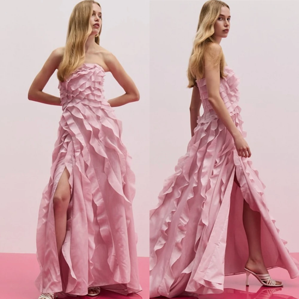 

Customized Graceful Satin Strapless A-Line Evening Dress Exquisite Sleeveless Prom Dresses Luxury Special Occasion Gowns
