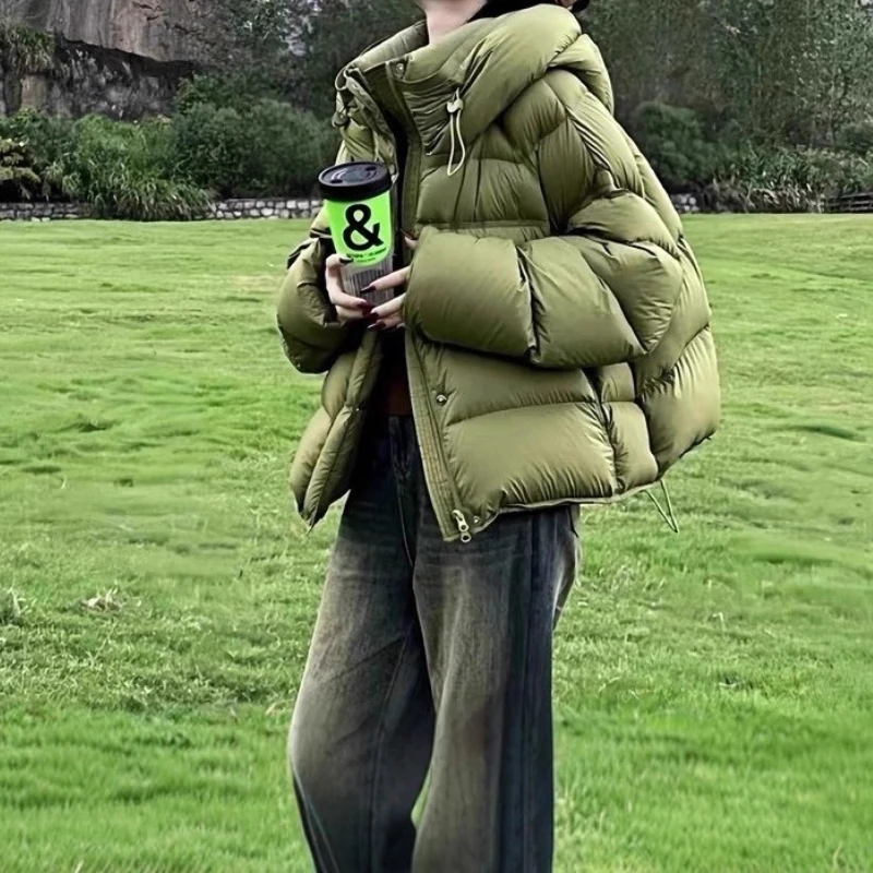 Green Short Down Jacket for Women 2025 Winter New Style Cotton Coat with Hood Bread Jacket Outerwear
