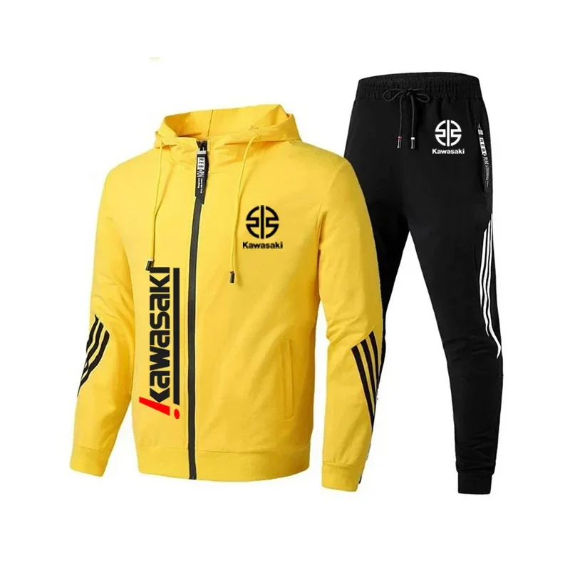 Kawasaki Motorcycle Racing Men's Hooded Jacket Pants Set Spring and Autumn Leisure 2025 New Men's Zipper Sportswear Pants Set