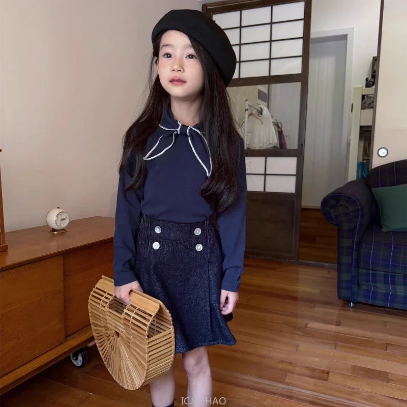 Teen Girl Clothes Children  Waist Shell Button Denim Skirt and Top Kids Versatile Casual Outfits Costumes Vintage Girls Elastic