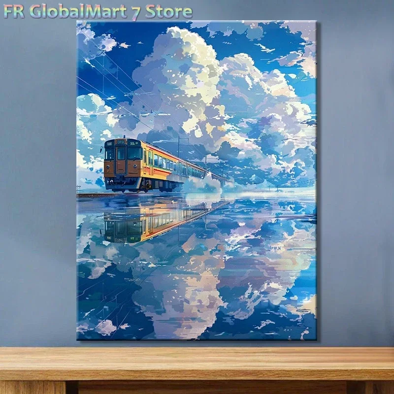Diamond Painting im Anime-Stil: Zug und wolkenverhangener Himmel, zum Selbermalen nach Zahlen, modernes Wanddekor für Wohnzimmer und Schlafzimmer, Geschenk, ohne Rahmen.
