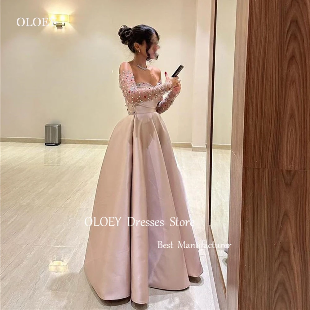 

OLOEY Saudi Arabic Women Dusty Pink Evening Dresses Glitter Long Sleeves Satin Formal Party Dress Prom Gowns Occasion Event