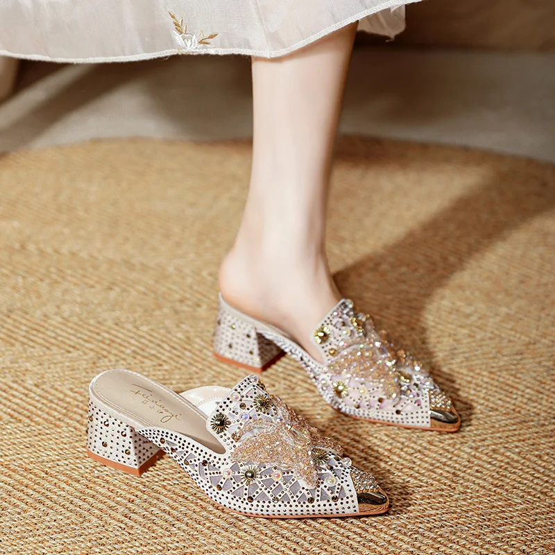 Baotou Slippers Women's Outer Wear Rivet Mesh Season Thick Heel High Heel Half Support Korean Version Butterfly Pointed Women's