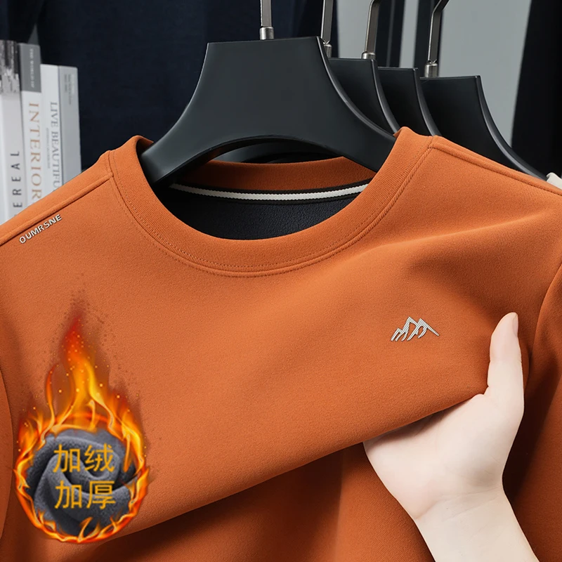 2025 invierno nuevo terciopelo grueso cuello redondo Sudadera con capucha Casual de los hombres de Color sólido Casual camiseta de manga larga camisa Base versátil de los hombres