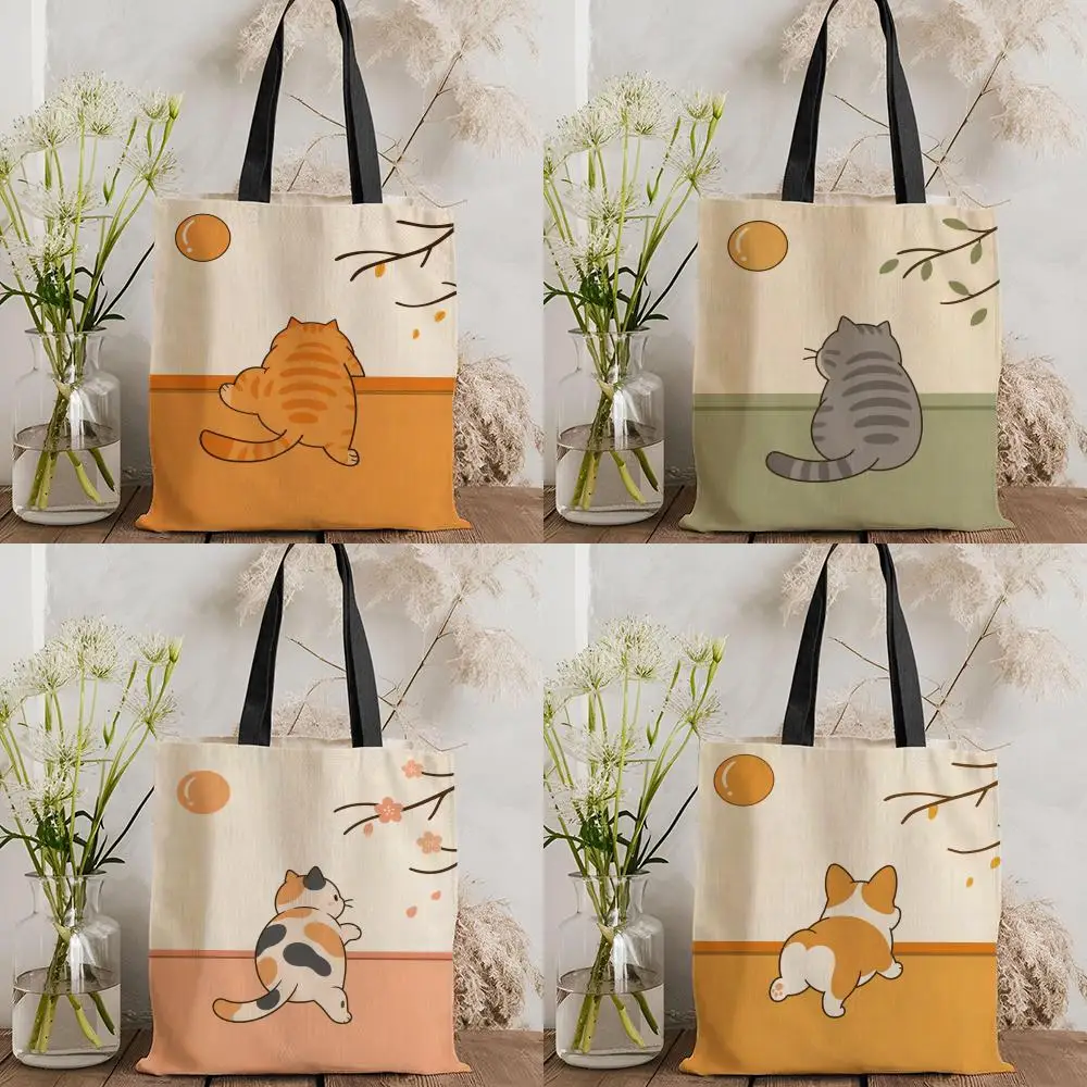Sacs de rangement en forme de chat orange mignon, sac fourre-tout en toile imprimé double face, sac à main écologique réutilisable de grande capacité