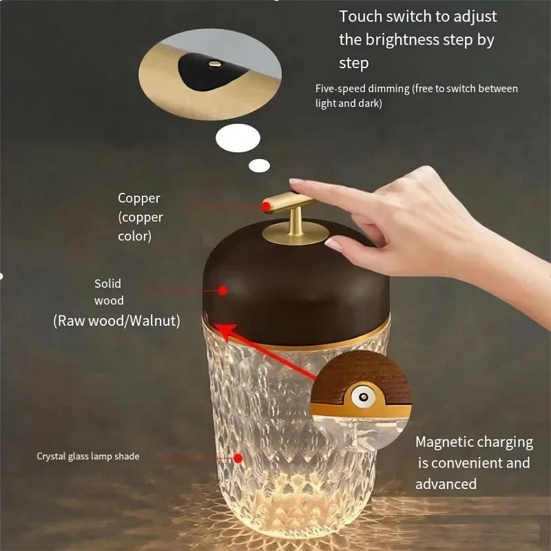 Touch Switch Conical Crystal Lamp Large Bedside Lamp Home Decoration Handheld Warm Atmosphere Big Embrace Lamp LED Reading Light