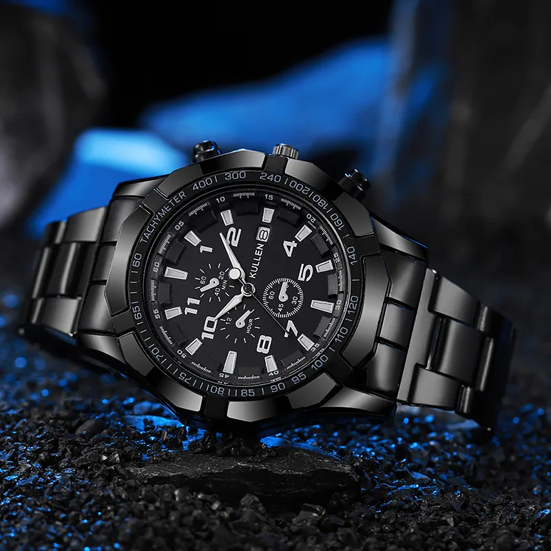 비즈니스 패션 세 개의 눈을 가진 혼합 스케일 다이얼 쿼츠 스틸 스트랩 시계