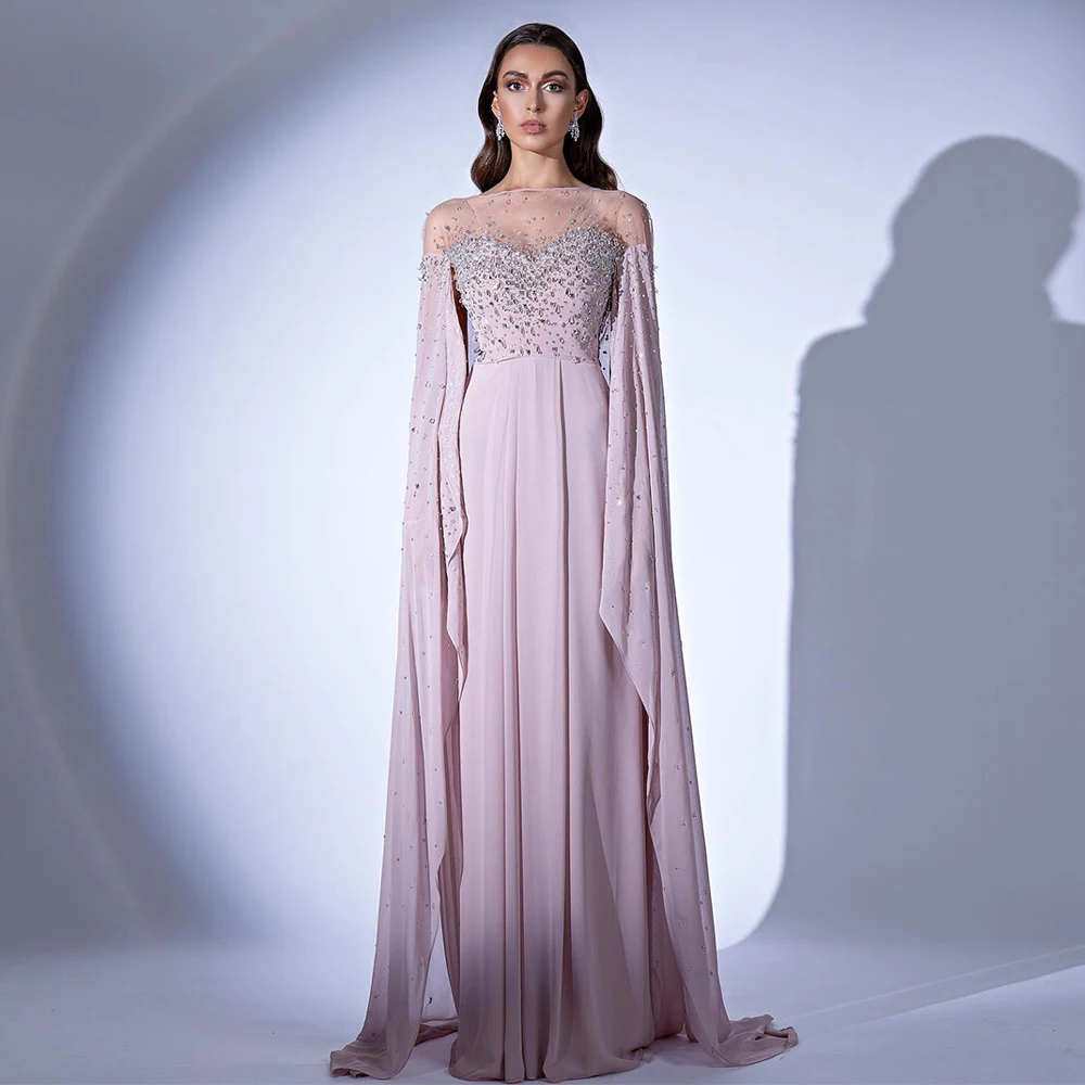 Luxury Beading Prom Dresses for Woman Party Gown Sheer Scoop Crystal Sweep Train Chiffon Saudi Arabian Evening Dress 2024
