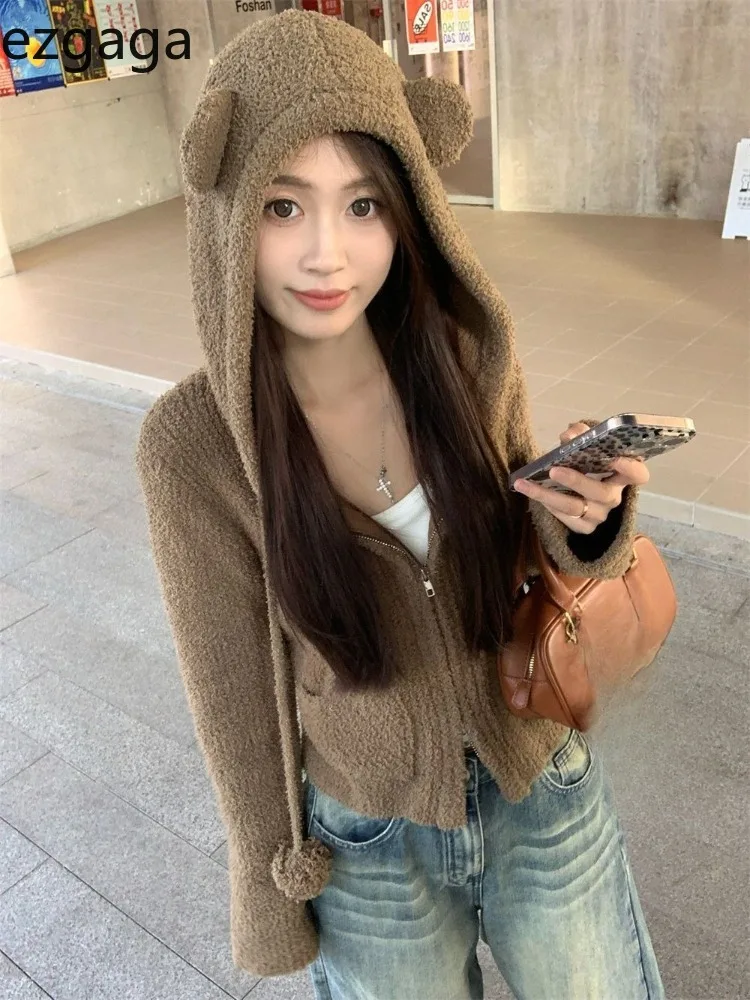 

Ezgaga Cropped Cardigan Women Vintage Hooded Zipper Outwear Fashion Solid Autumn Winter New Sweater Female Sweet Casual