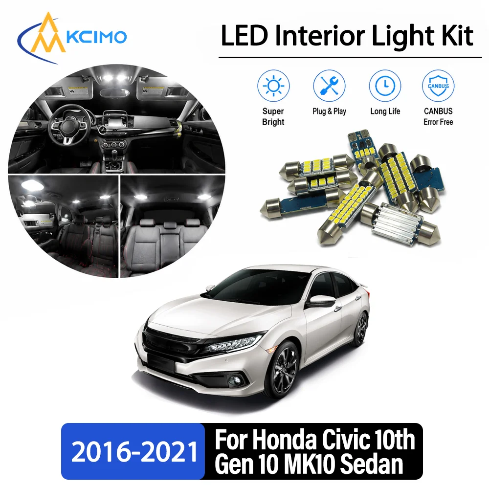 For Honda Civic 10th Gen 10 MK10 Sedan Touring 2016-2021 Continuous Glow Auto Interior LED Bulb Remodel Set Cabin Refit Lamps