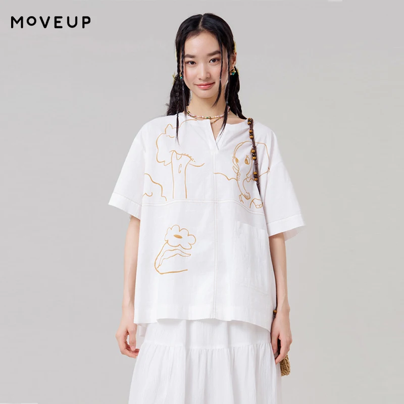 MOVEUP Short Sleeved V-Neck T-Shirt 2026 Summer New Cartoon Elephant Embroidery Pocket Drop Sleeves Tee Top For Women 3ELX20401