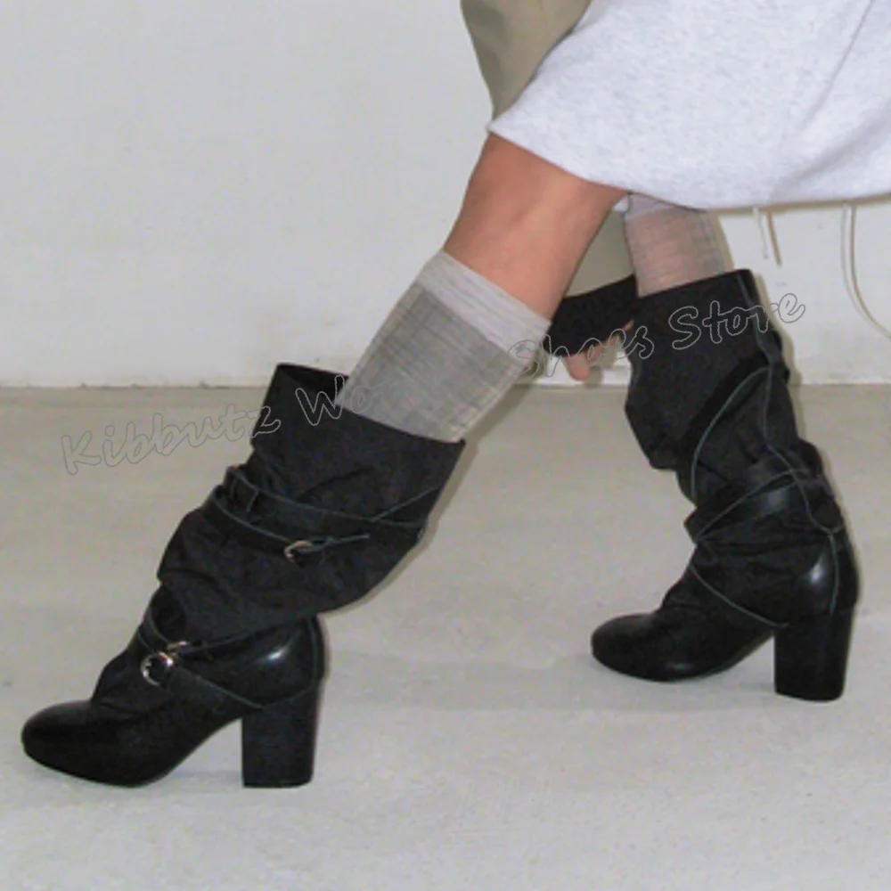 

Belt Buckle Knee High Boots Cross Strap Slip-On Leather Round Toe Chunky Heels Fashion Luxury Elegant Concise Sexy Women Shoes