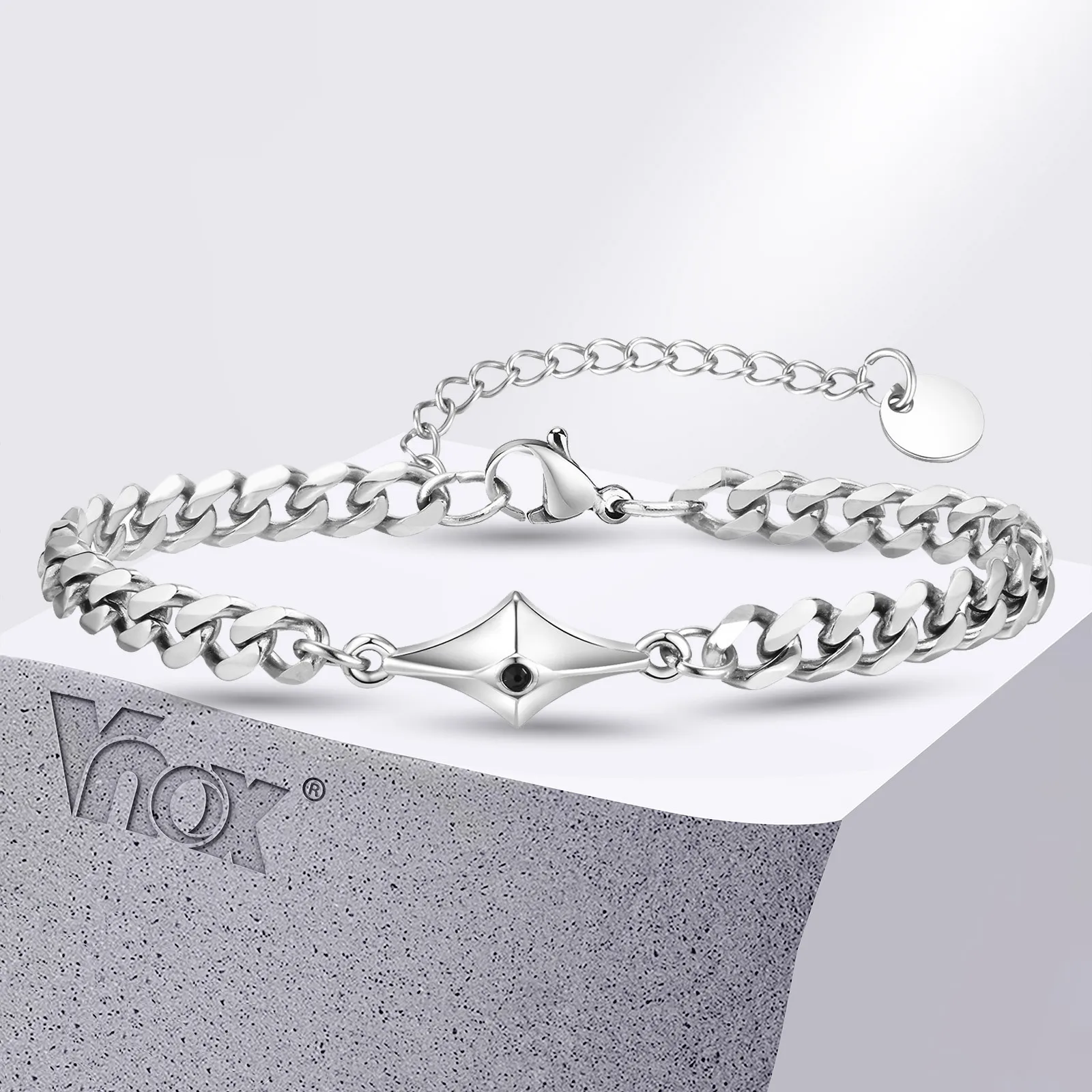 Vnox Adjustable Unisex Geometric Rhombus Charm Bracelets, Waterproof Stainless Steel Cuban Links Wristband Jewelry