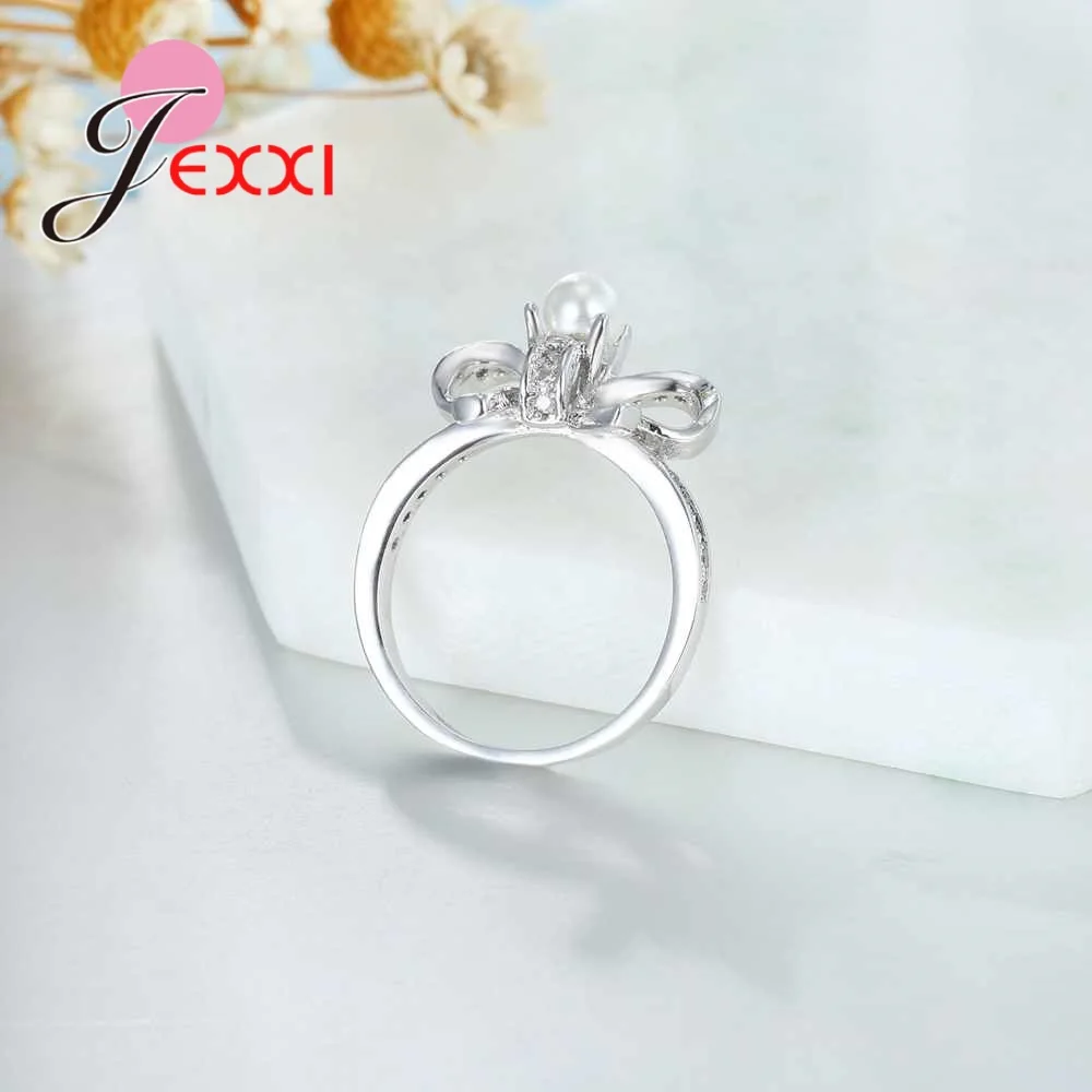 Hot Bowknot Shape Fashion Fresh Water Pearls Rings With Clear CZ Zircon 925 Sterling Silver Wedding Party Ring For Women