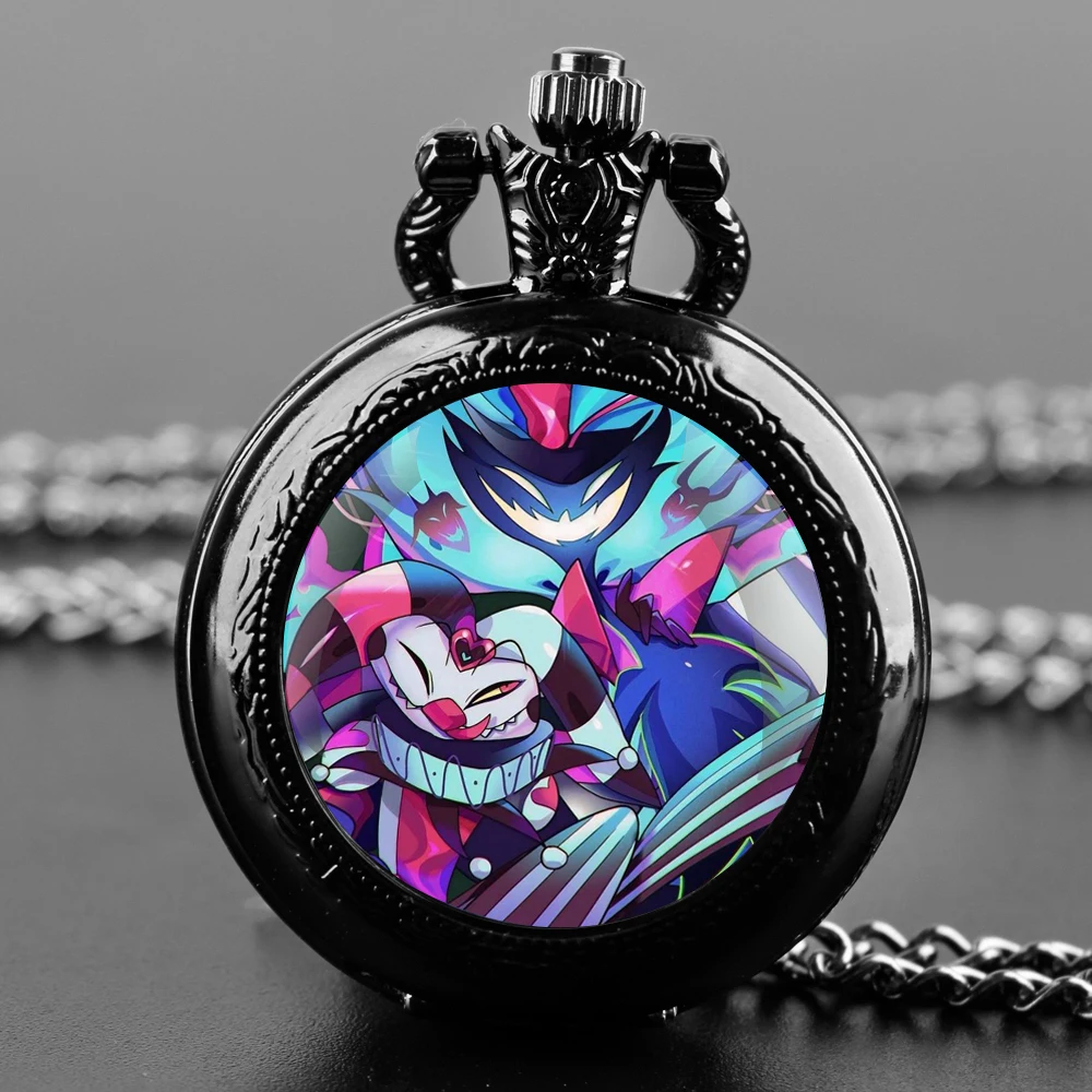 Helluva Boss Blitzo Glass Dome Pocket Watch with Chain Necklace Vintage Quartz Pendant Watches Mens Women Gifts for Kids