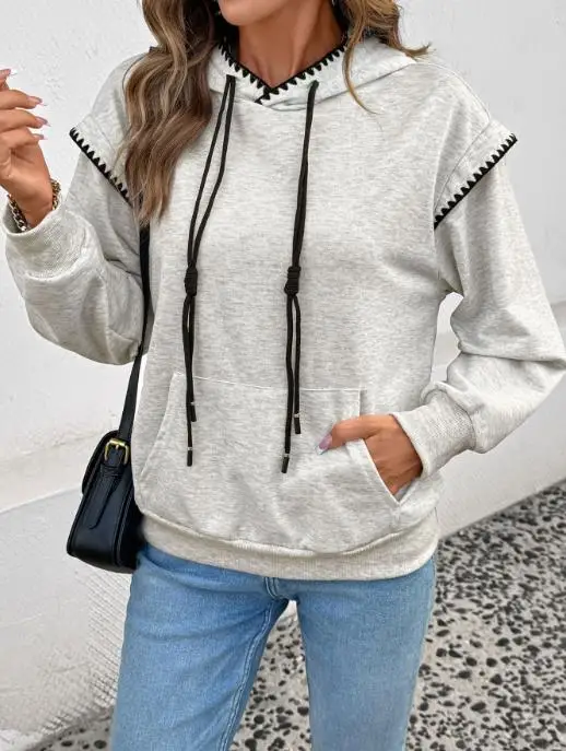 2025 Autumn/winter New Collection Color Contrasting Edge Casual Versatile Daily Fake Two Piece Hooded Hoodie for Women