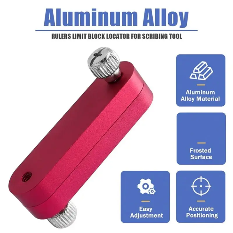 AS94-Steel Ruler Positioning Block Adjustable Thickness Stop Fence Woodworking Rulers Limit Block Scribing Tool Red