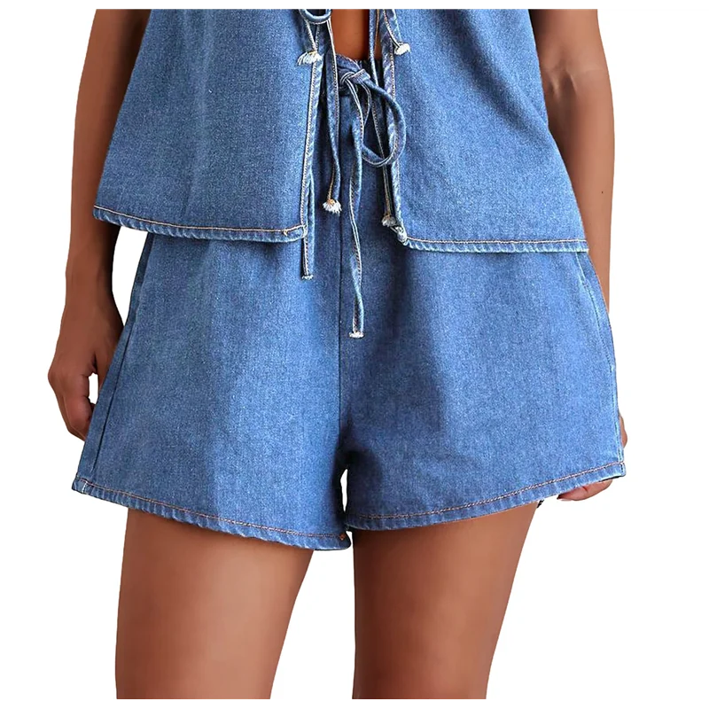 

CYL-Женский топ с завязками спереди, комплект из двух предметов, джинсовый комплект, жилет без рукавов с глубоким v-образным вырезом, джинсовые шорты с эластичной резинкой на талии, комплекты