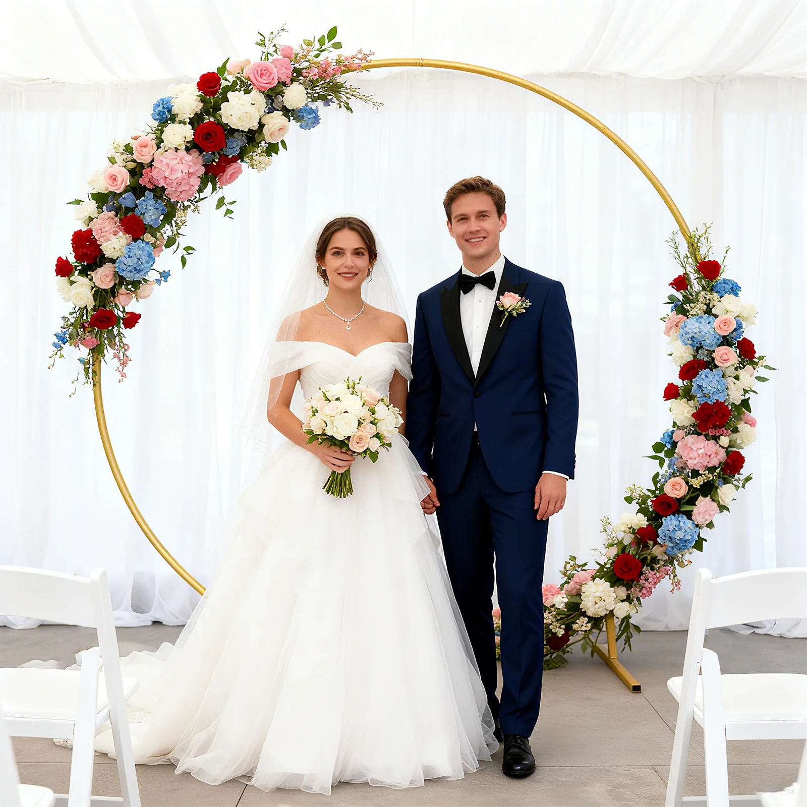 Support de toile de fond rond doré de 2,2 m, arche de mariage en métal, support circulaire pour ballons, démontable et réutilisable pour mariage, fête d'anniversaire, événement professionnel, décoration de Noël, intérieur/extérieur