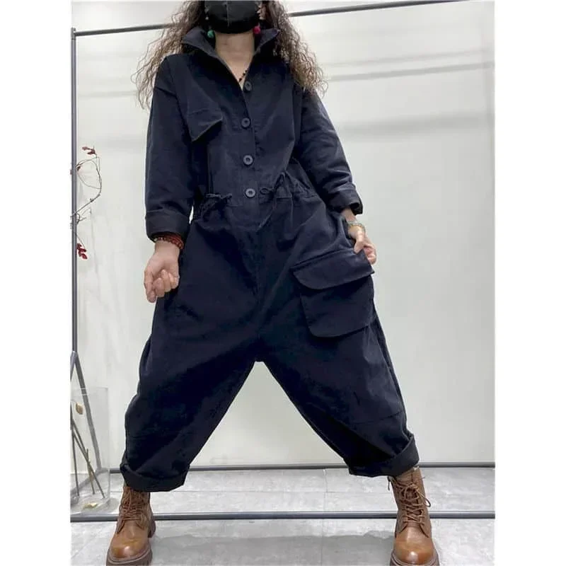 Pop Oversized Jumpsuits Women Long Sleeve One Piece Outfit Women Cotton Linen Playsuits High Waist Pants Overalls For Women Clot