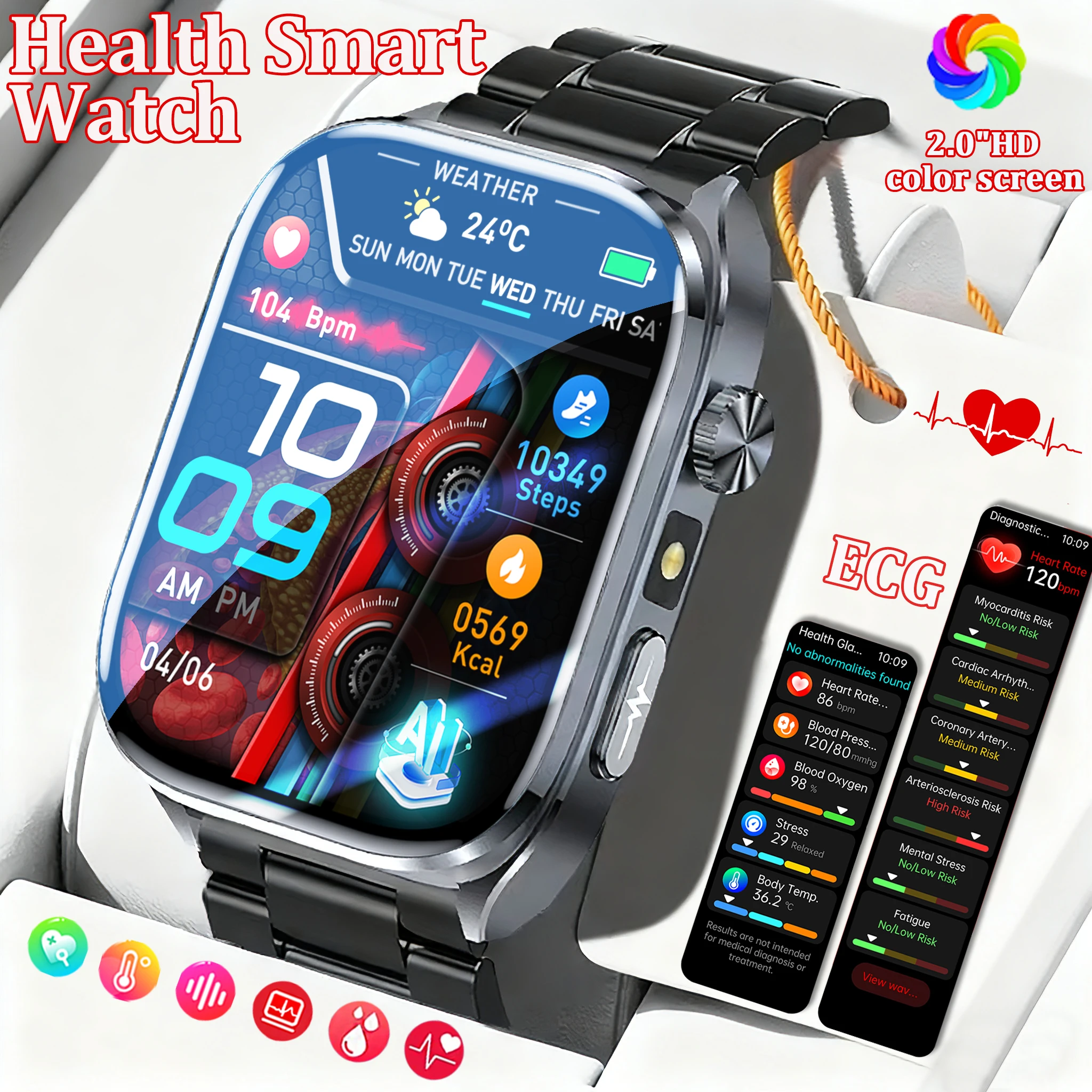 

New Blood Lipid Uric Acid Smartwatch ECG+PPG Micro Physical Examination Temperature Heart Rate Sport Sleep BT Call Smart Watch