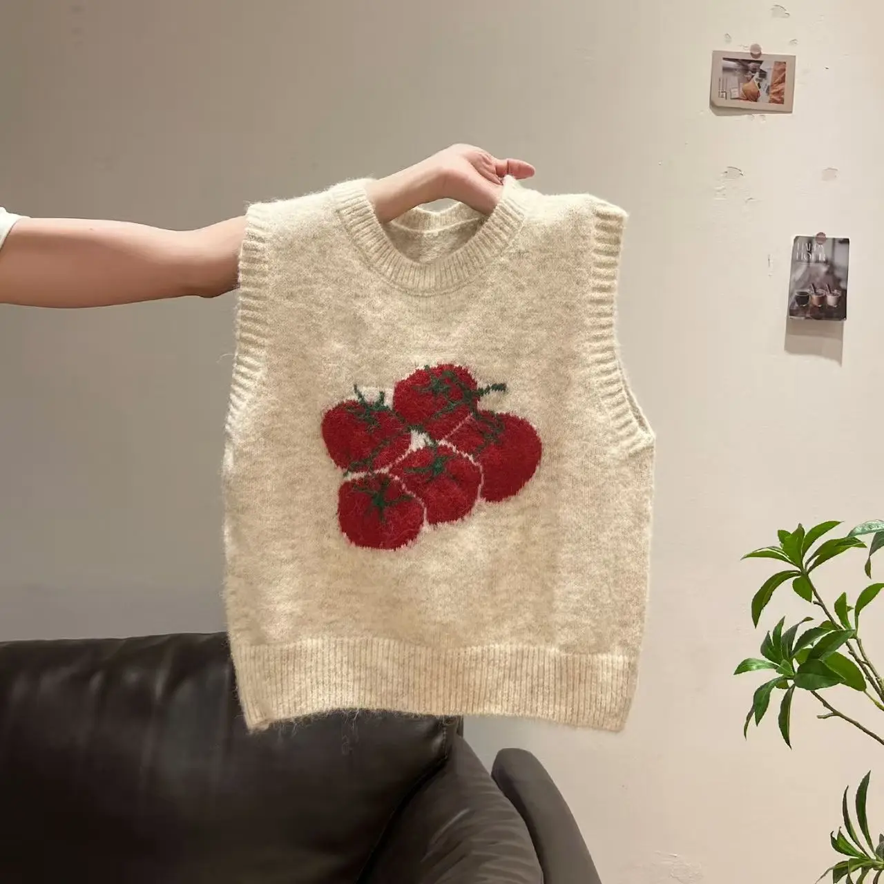 Vegetable Tomato Jacquard Korean Casual Knitted Vests Women Sweater Sleeveless O-neck Loose Versatile Waistcoat Vests Tops 2026 #6