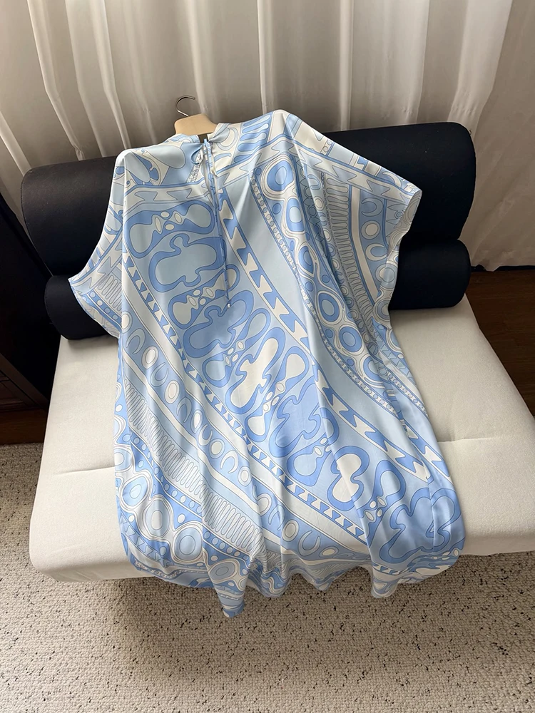 Summer Fashion Party Geometric Print Loose Silk Floor-Length Dress Women's Lace-Up Stand Collar Batwing Long Sleeve Casual Dress