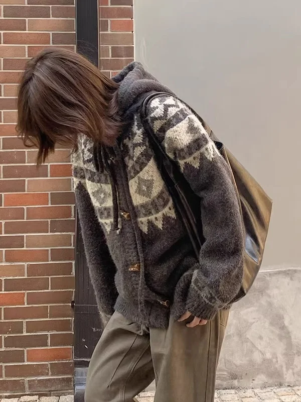 American Sle Thiened Fair Isle Knitted Open Cardigan ex Lazy Vintage Hooded Thiened Sweater Coat for Youth Casual Wear