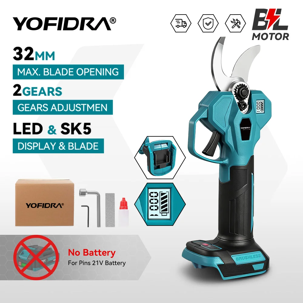 YOFIDRA 2 Gears 32mm Brushless Pruning Shears Cordless Electric Scissors Fruit Tree Branches Cutting Tool For Makita Battery Pin