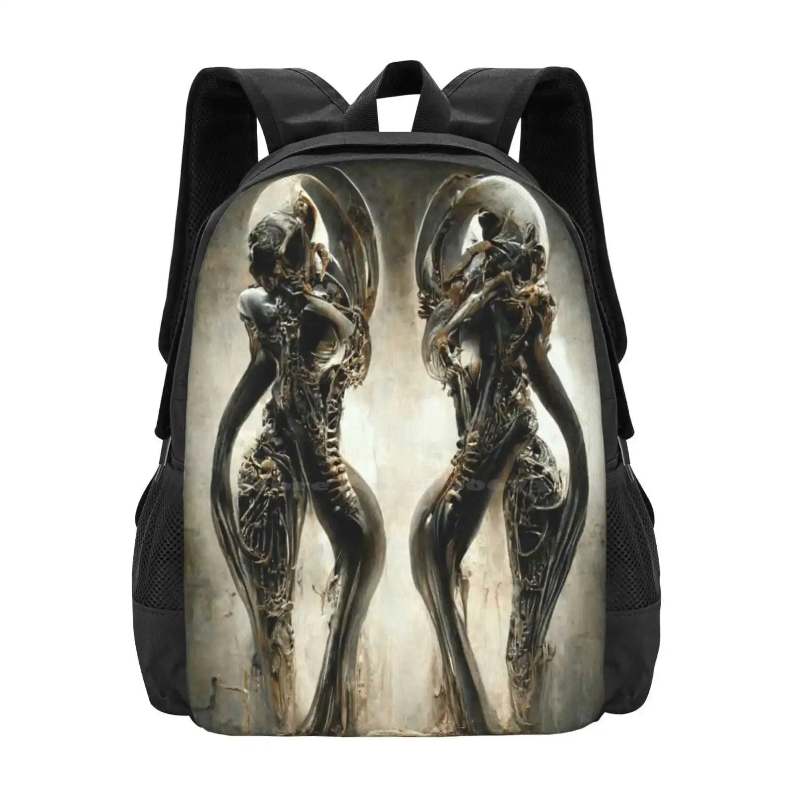 Biomechanical Dancers - Alien Head To Head - Promethean Tech Mech 3D Print Design Backpack Student Bag Aliens Alien Guitar Guita