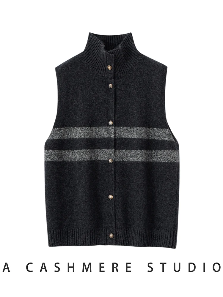 CHICUU ฤดูใบไม้ร่วงฤดูหนาวผู้หญิง 100%แคชเมียร์ถักเสื้อกั๊กคอเต่าลายวินเทจสไตล์แขนกุดเสื้อคาร์ดิแกนแคชเมียร์