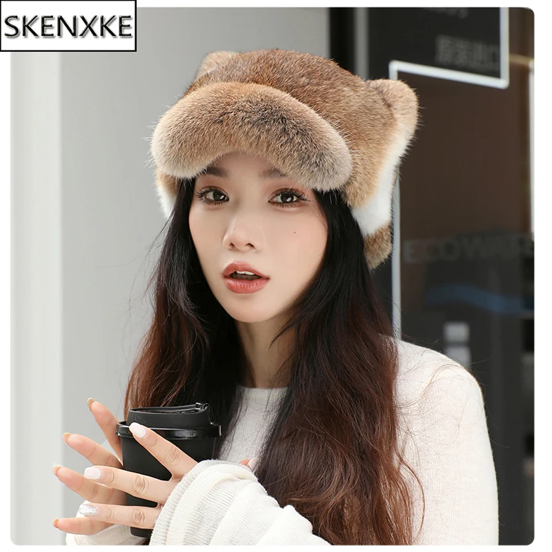 

New Style Women Rabbit Fur Cap Brim Cute Ears Hat Girls Winter Warm Real Natural Rabbit Fur Thick Warm Hats