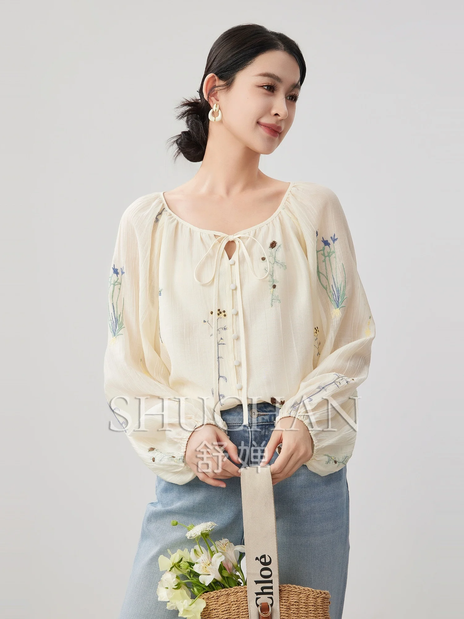 Good Quality, Relaxed Holiday Atmosphere, Oxygen Lyocell, Floral Embroidery, Tie-up Shirt Women Thin Summer 2025