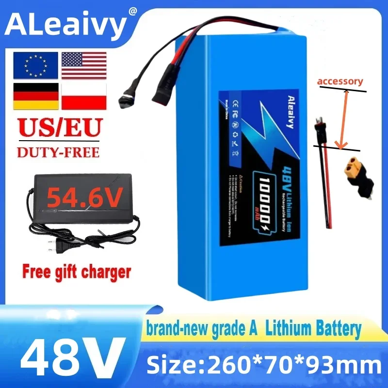 New High - Quality 48V 10Ah 13S4P 18650 Lithium Ion Battery for 250W - 1000W Motors, with 30A BMS and 100V - 220V 54.6V Charger