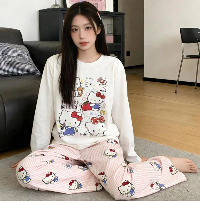 

Sanrio High-end Cartoon Printed Pajamas for Spring and Autumn New Hello Kitty Loose Women's Home Clothes