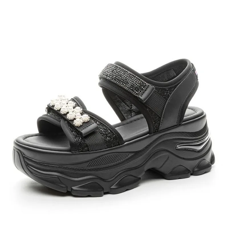 

Сандалии из синтетической кожи из ткани 7 см, женские тапочки на плоской подошве, туфли-лодочки на платформе, летняя модная женская обувь с открытым носком